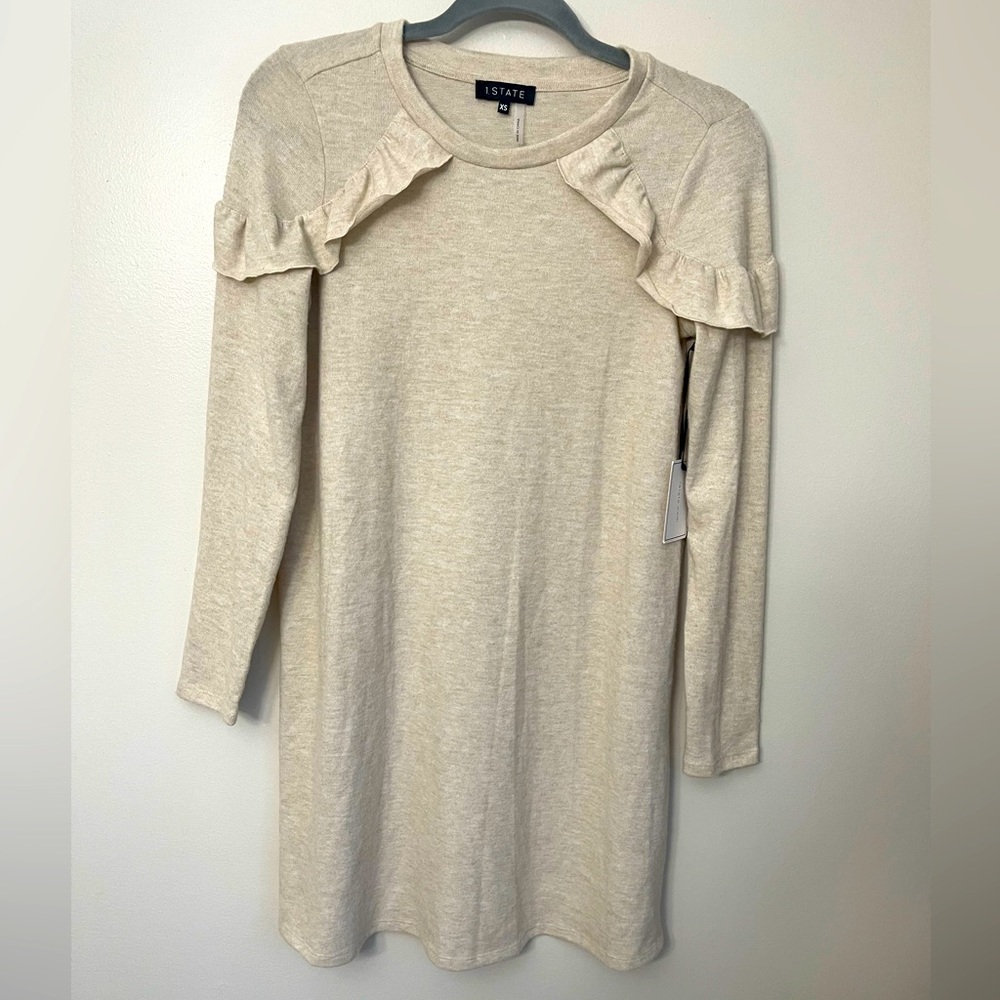 1. State Womens Oatmeal Heather Long Sleeve Ruffle Shift  Dress